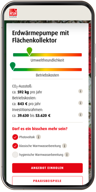 Ein Screenshot aus dem Online-Heizungsplaner von HSH zeigt die Kosten für eine neue Erdwärmepumpe mit Flächenkollektor und Photovoltaikanlage im sanierten Altbau.