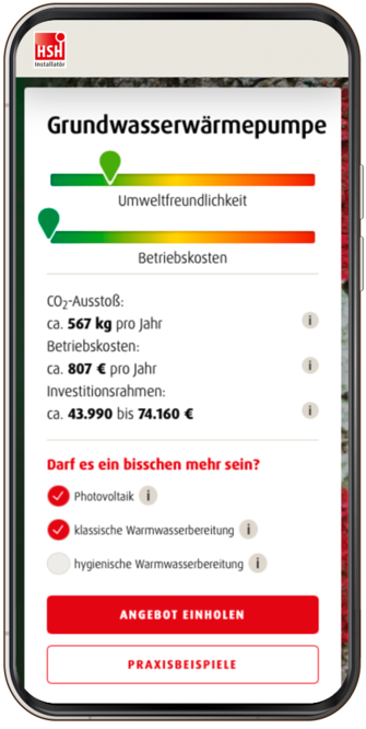 Ein Screenshot aus dem Online-Heizungsplaner von HSH zeigt die Kosten für eine neue Grundwasserwärmepumpe mit Photovoltaikanlage im sanierten Altbau.