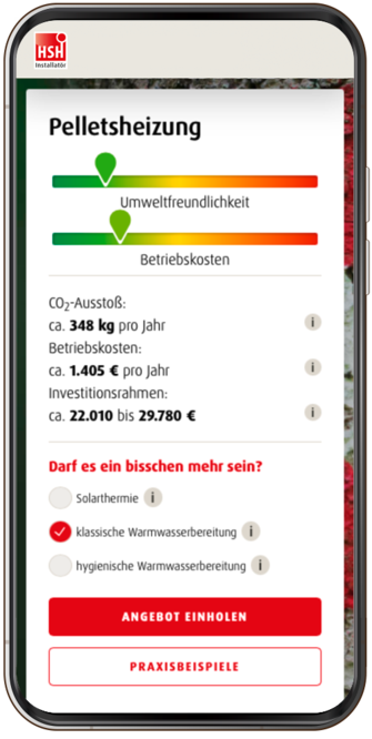 Ein Screenshot aus dem Online-Heizungsplaner von HSH zeigt die Kosten für eine neue Pelletheizung im Neubau (Niedrigenergiehaus).