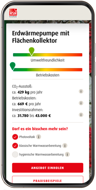 Ein Screenshot aus dem Online-Heizungsplaner von HSH zeigt die Kosten für eine neue Erdwärmepumpe mit Flächenkollektor und Photovoltaikanlage im Neubau (Niedrigenergiehaus).
