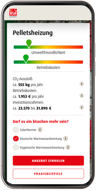 Ein Screenshot aus dem Online-Heizungsplaner von HSH zeigt die Kosten für eine neue Pelletheizung im sanierten Altbau.