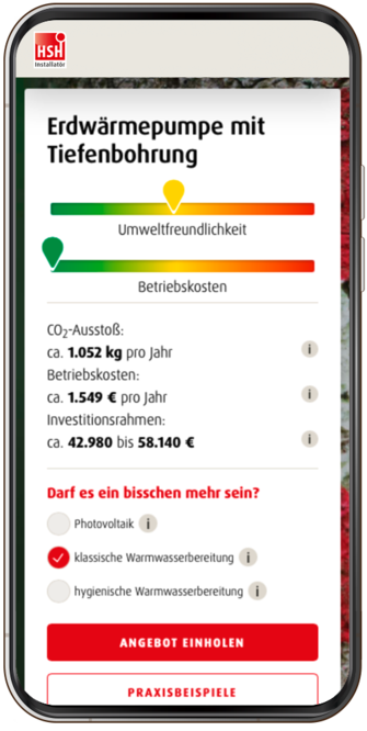 Ein Screenshot aus dem Online-Heizungsplaner von HSH zeigt die Kosten für eine neue Erdwärmepumpe mit Tiefenbohrung im sanierten Altbau.