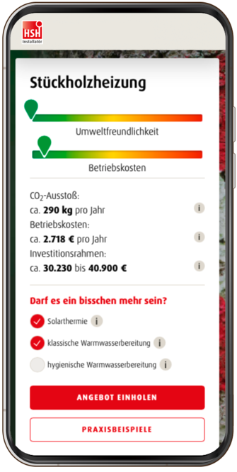 Ein Screenshot aus dem Online-Heizungsplaner von HSH zeigt die Kosten für eine neue Stückholzheizung mit Solar im unsanierten Altbau.