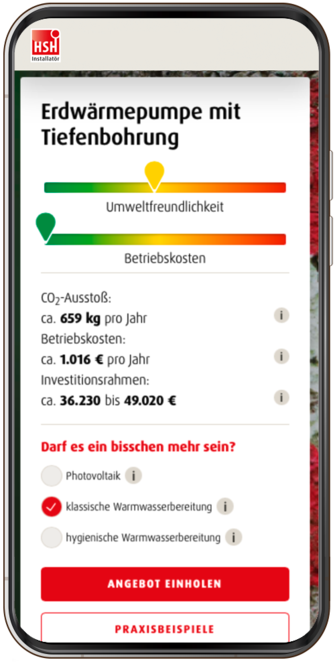 Ein Screenshot aus dem Online-Heizungsplaner von HSH zeigt die Kosten für eine neue Erdwärmepumpe mit Tiefenbohrung im Neubau (Niedrigenergiehaus).