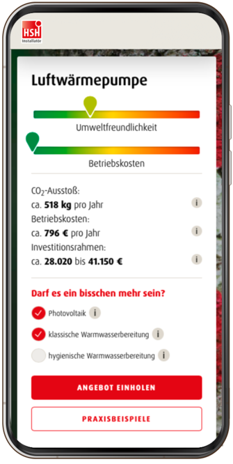 Ein Screenshot aus dem Online-Heizungsplaner von HSH zeigt die Kosten für eine neue Luftwärmepumpe mit Photovoltaikanlage im Neubau (Niedrigenergiehaus).