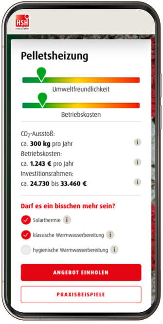 Ein Screenshot aus dem Online-Heizungsplaner von HSH zeigt die Kosten für eine neue Pelletheizung mit Solar im Neubau (Niedrigenergiehaus).