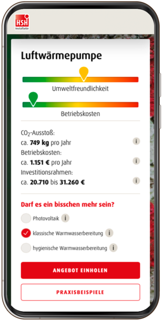Ein Screenshot aus dem Online-Heizungsplaner von HSH zeigt die Kosten für eine neue Luftwärmepumpe im Neubau (Niedrigenergiehaus).