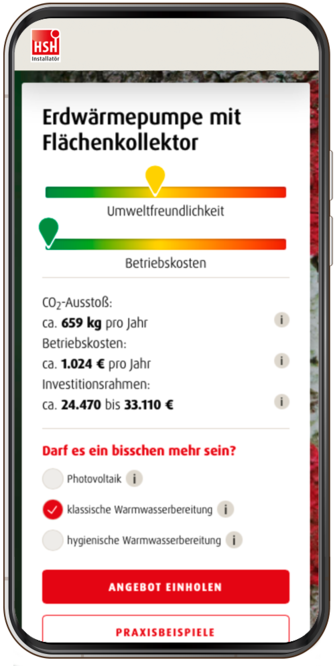 Ein Screenshot aus dem Online-Heizungsplaner von HSH zeigt die Kosten für eine neue Erdwärmepumpe mit Flächenkollektor im Neubau (Niedrigenergiehaus).