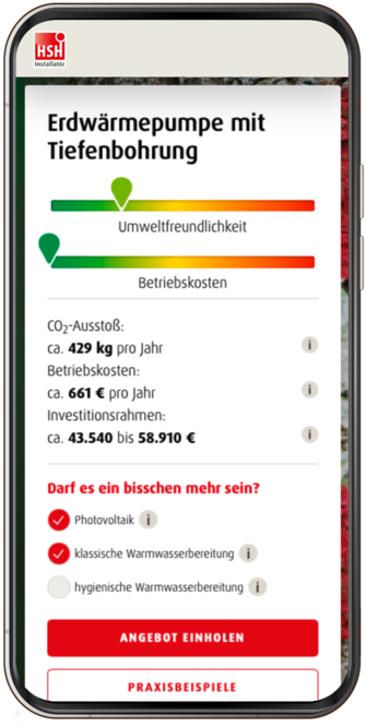 Ein Screenshot aus dem Online-Heizungsplaner von HSH zeigt die Kosten für eine neue Erdwärmepumpe mit Tiefenbohrung und Photovoltaikanlage im Neubau (Niedrigenergiehaus).