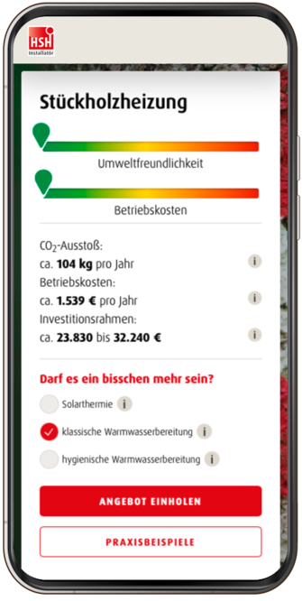  Ein Screenshot aus dem Online-Heizungsplaner von HSH zeigt die Kosten für eine neue Stückholzheizung im sanierten Altbau.