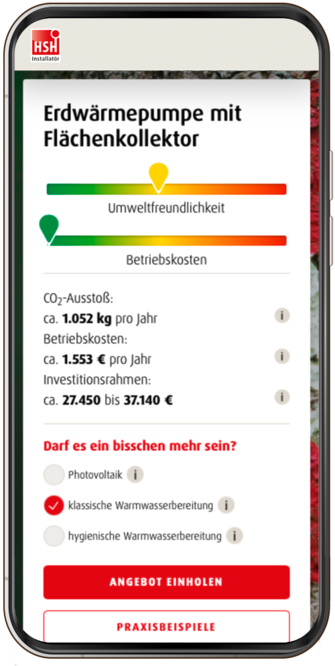 Ein Screenshot aus dem Online-Heizungsplaner von HSH zeigt die Kosten für eine neue Erdwärmepumpe mit Flächenkollektor im sanierten Altbau.