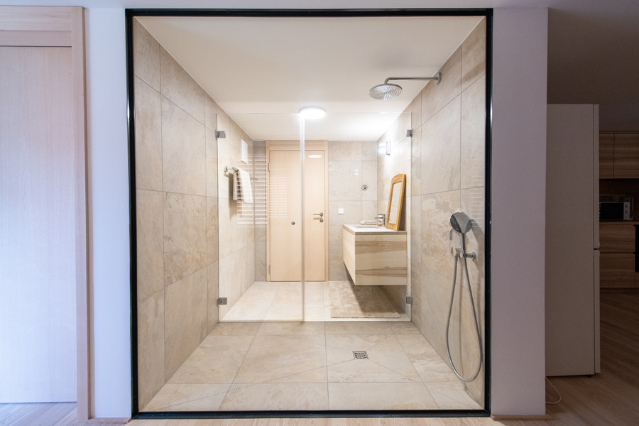 Blick ins Bad mit bodenebener XL Dusche mit Handbrause und Regenbrause