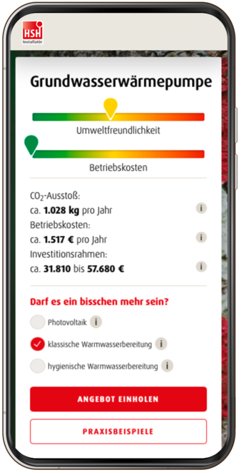 Ein Screenshot aus dem Online-Heizungsplaner von HSH zeigt die Kosten für eine neue Grundwasserwärmepumpe im sanierten Altbau.