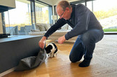 Hausherr Bernhard Partl mit Haustier im Wohnzimmer