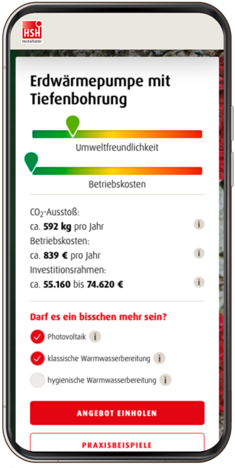 Ein Screenshot aus dem Online-Heizungsplaner von HSH zeigt die Kosten für eine neue Erdwärmepumpe mit Tiefenbohrung und Photovoltaikanlage im sanierten Altbau.